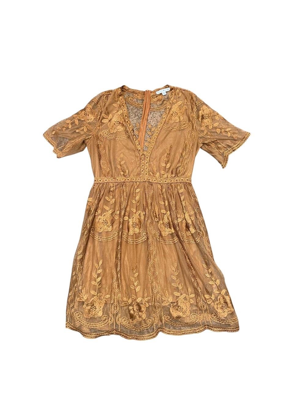 HAUTE MONDE Burnt Orange Lace Floral Embroidery W/ V-Neckline Mini Dress Size M